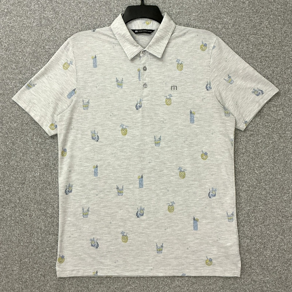 Travis Mathew Call The Shots Polo Shirt L Grey Heather Tiki Bar Cocktails Print